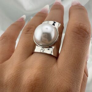 Zara Silver Band Ring with Large White Pearl